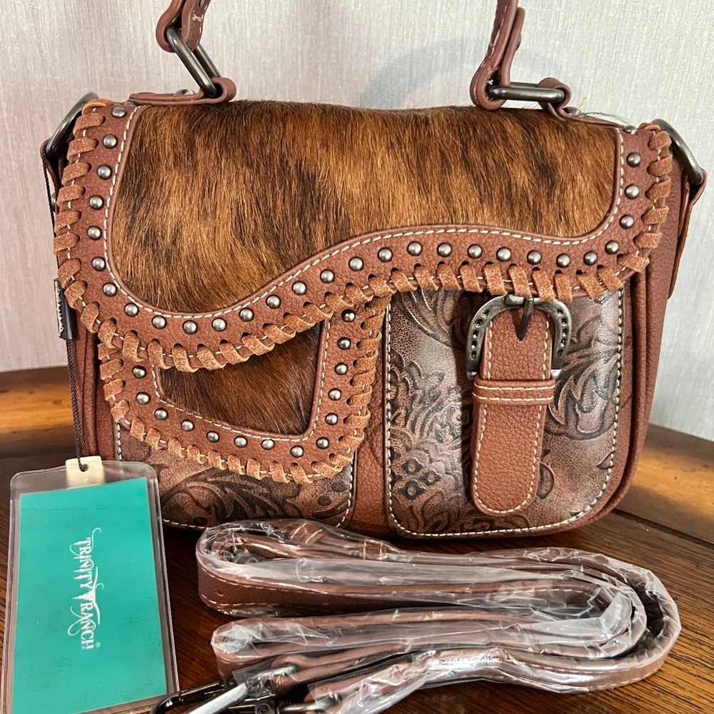 New Trinity Leather Cowhide  Studded Western Boho Saddle Bag Design